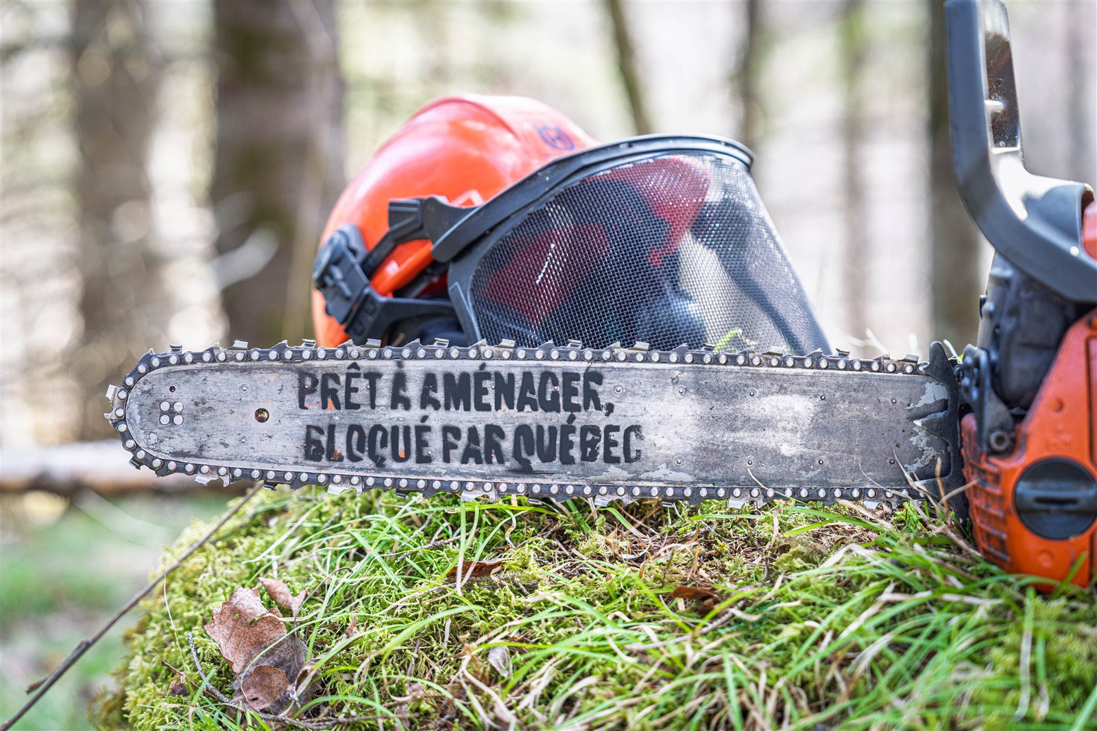 Scie à chaîne avec le slogan « Prêt à aménager, bloqué par Québec »